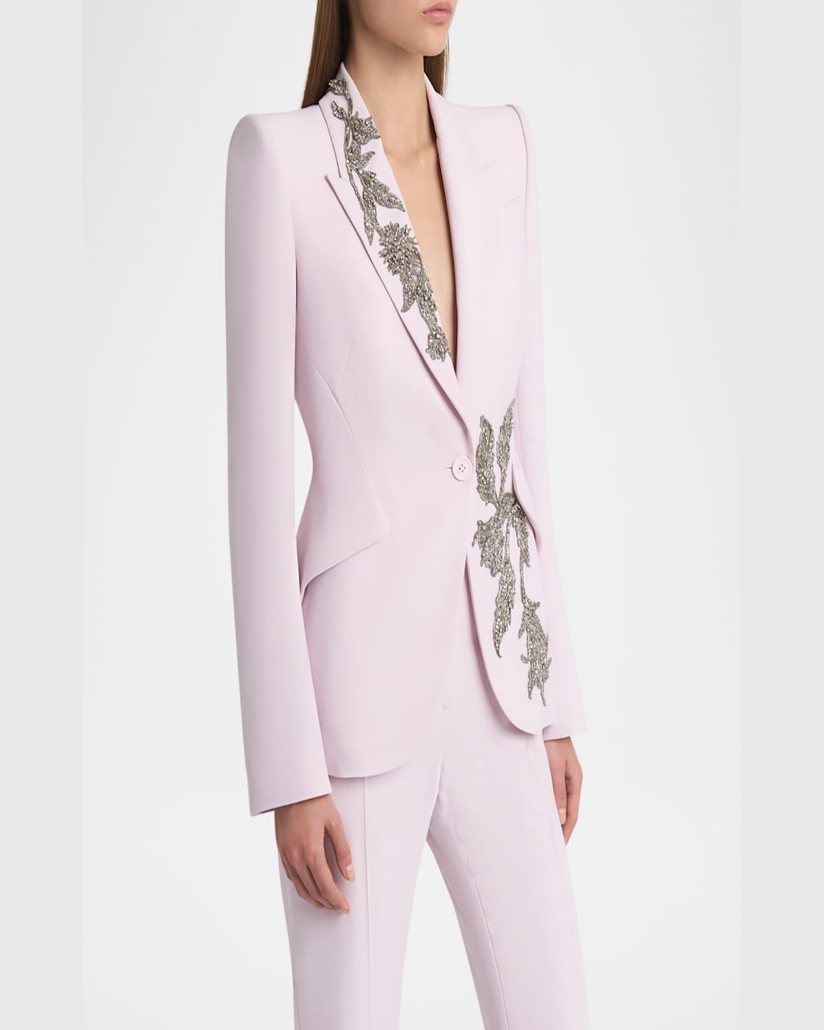 Alexander Mcqueen Floral Crystal One-button Crepe Blazer In Mauve
