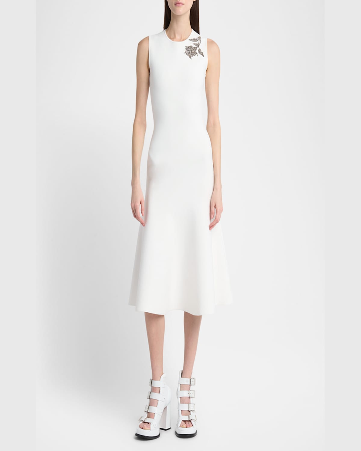 Alexander Mcqueen Crystal Embroidered Sleeveless Flared Midi Dress In Optic White Crystal