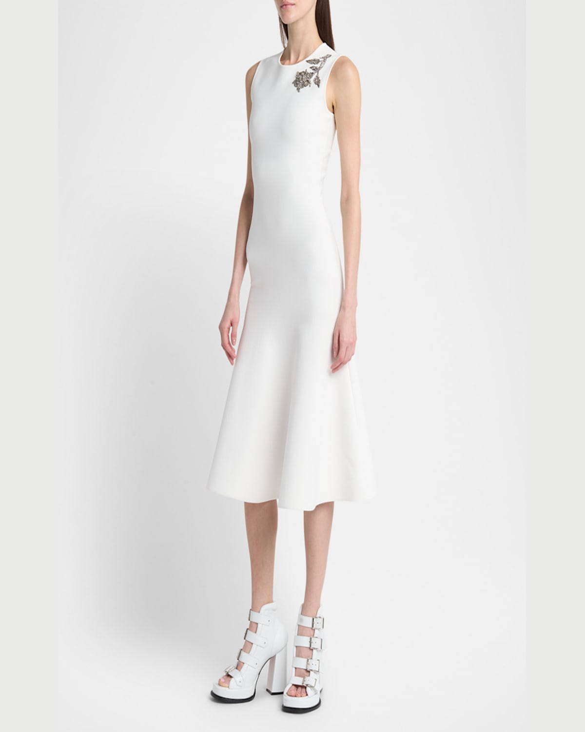 Alexander Mcqueen Crystal Embroidered Sleeveless Flared Midi Dress In Optic White Crystal