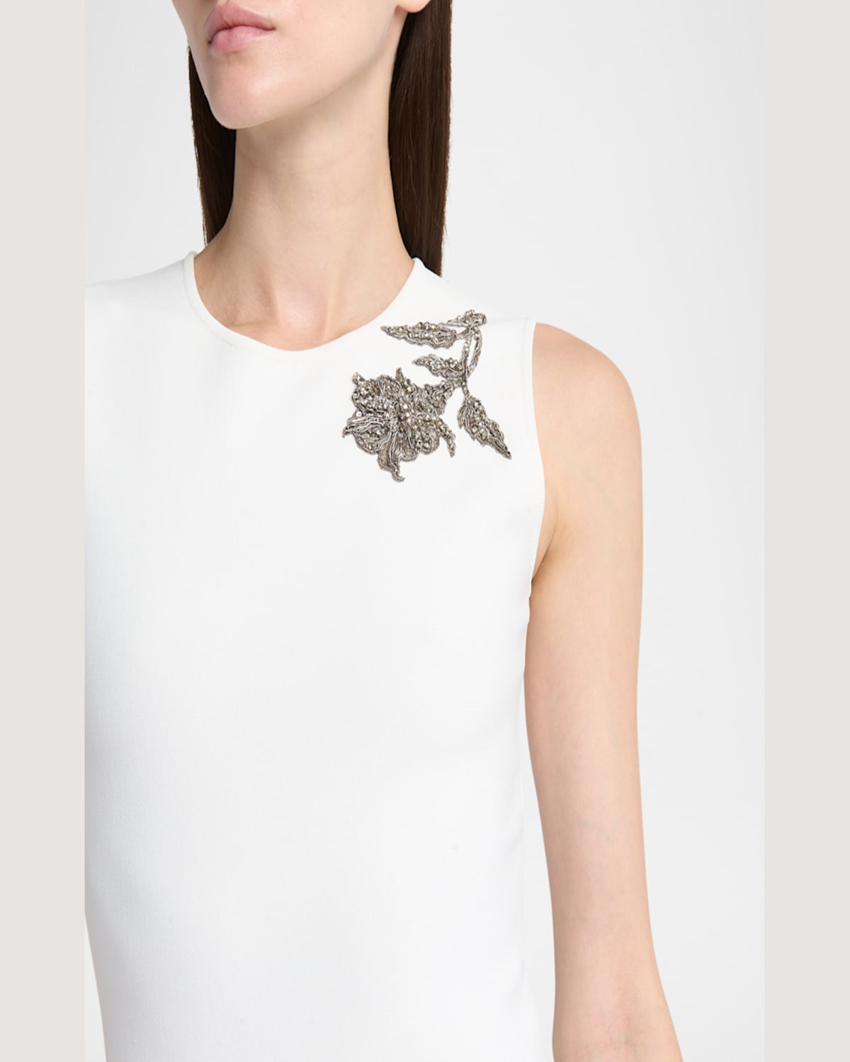 Alexander Mcqueen Crystal Embroidered Sleeveless Flared Midi Dress In Optic White Crystal