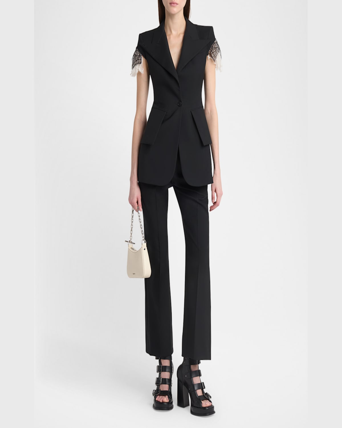 Shop Alexander Mcqueen Lace-trim Single-breasted Blazer Vest In Black