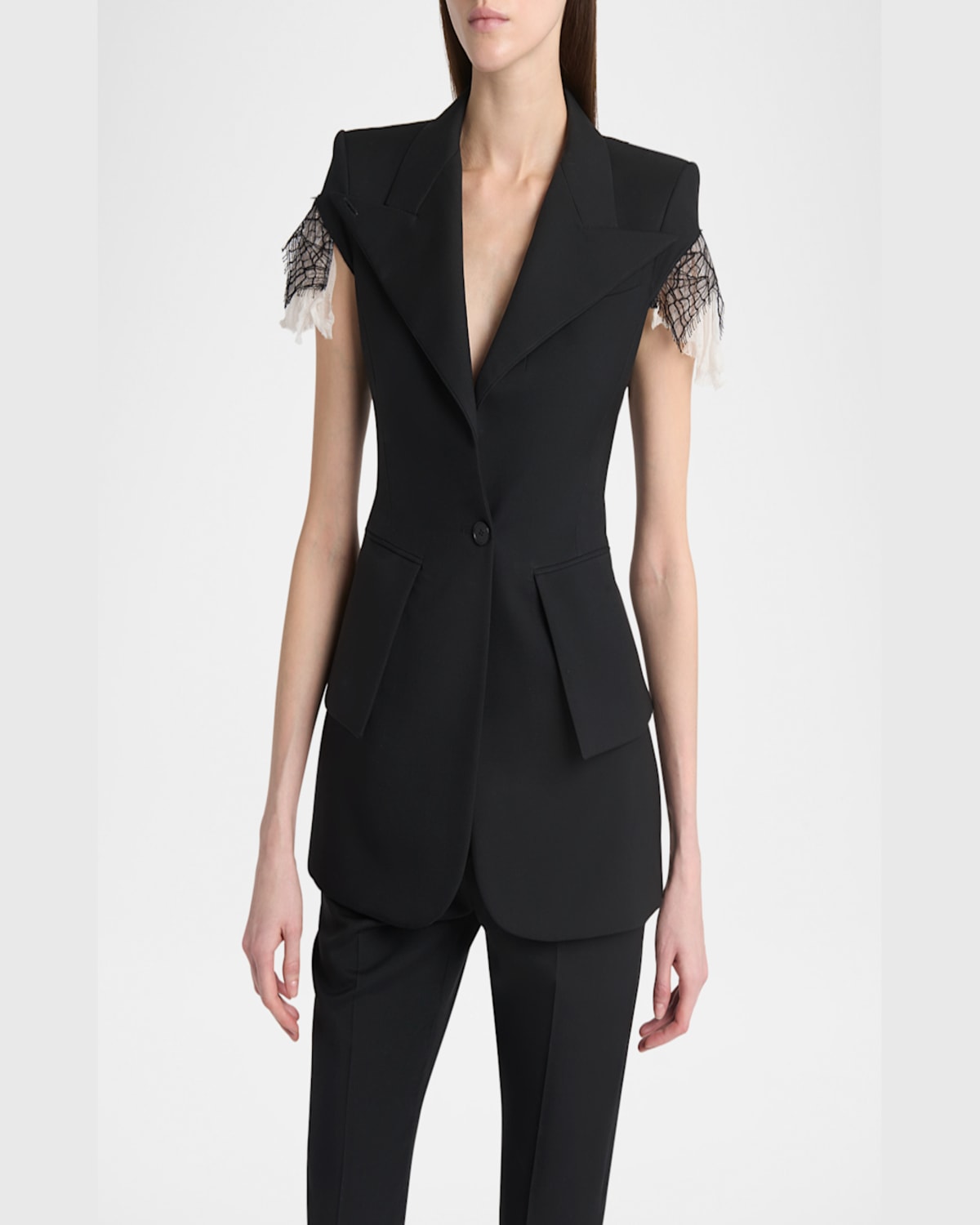Shop Alexander Mcqueen Lace-trim Single-breasted Blazer Vest In Black