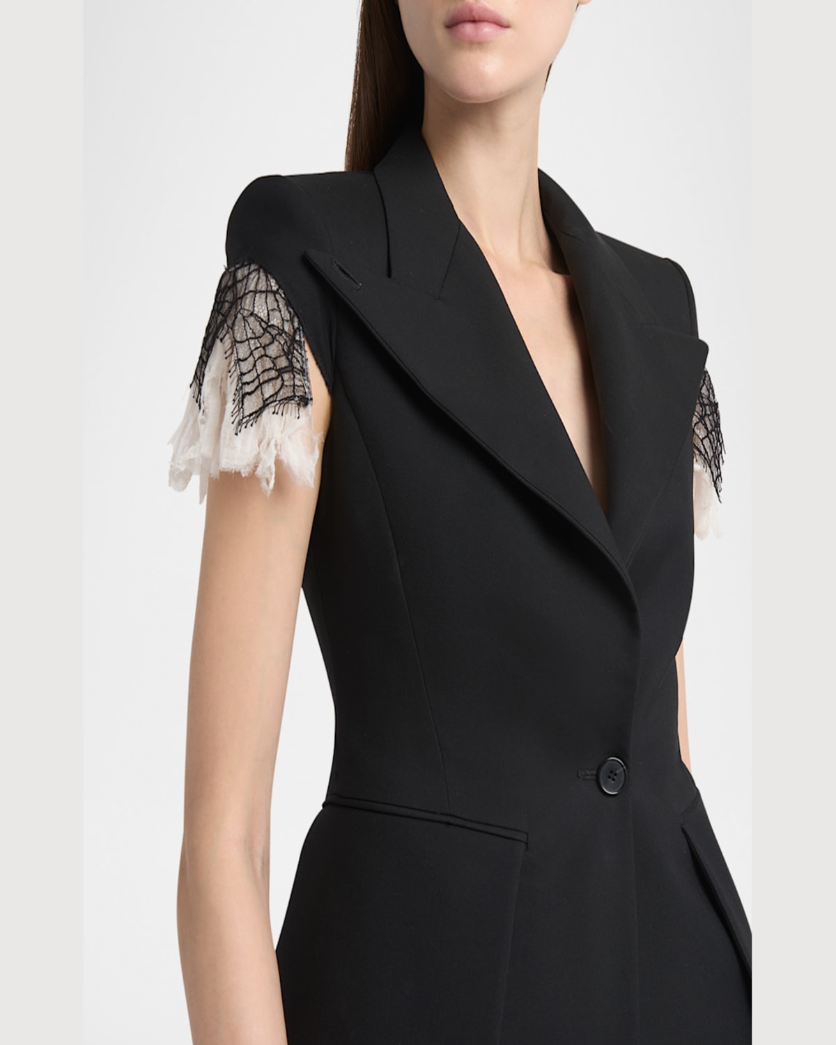 Shop Alexander Mcqueen Lace-trim Single-breasted Blazer Vest In Black