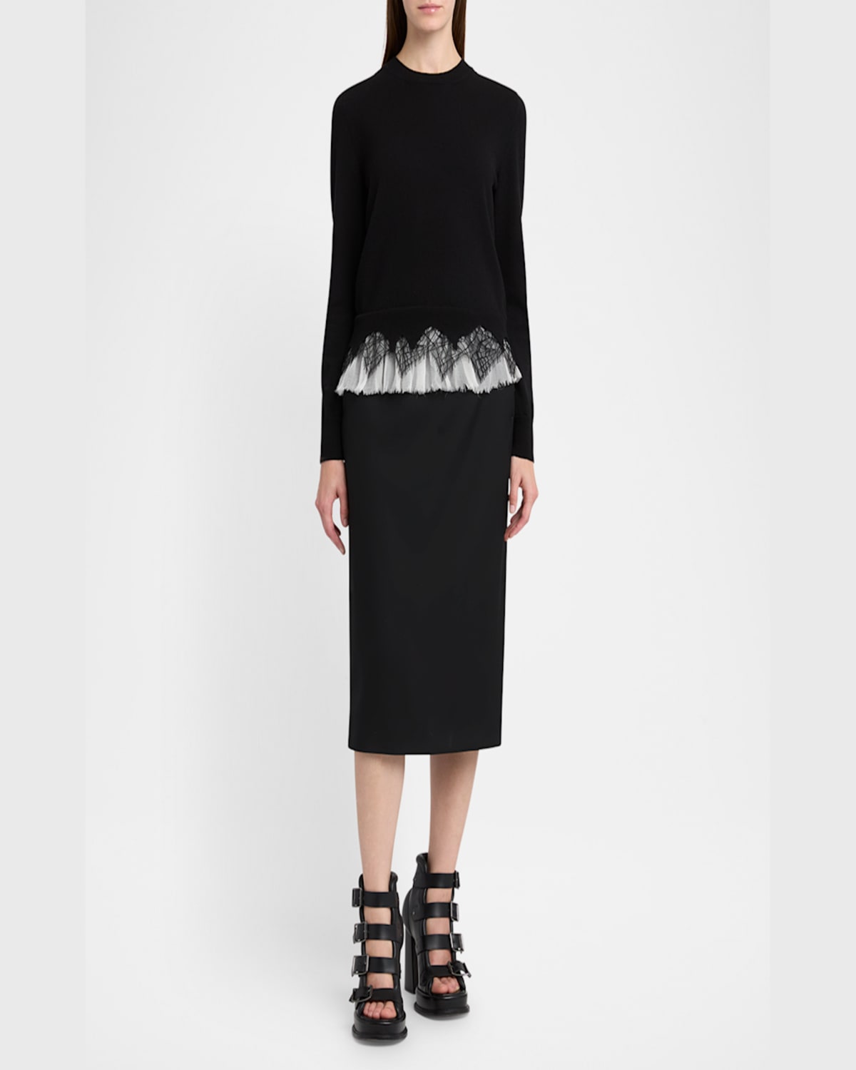 Alexander Mcqueen Lace Ruffle Crewneck Sweater In Black