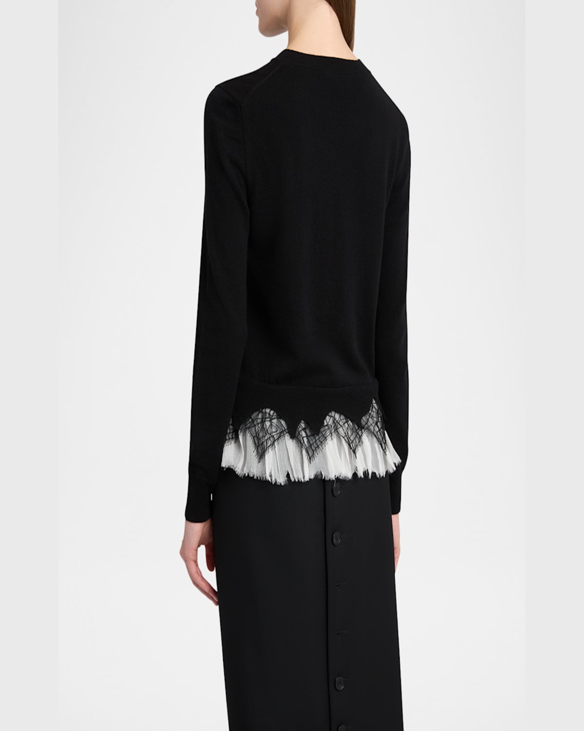 Alexander Mcqueen Lace Ruffle Crewneck Sweater In Black