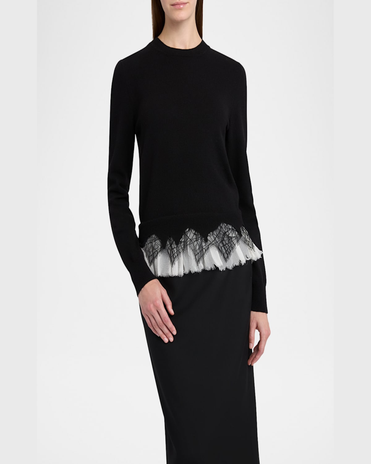Alexander Mcqueen Lace Ruffle Crewneck Sweater In Black