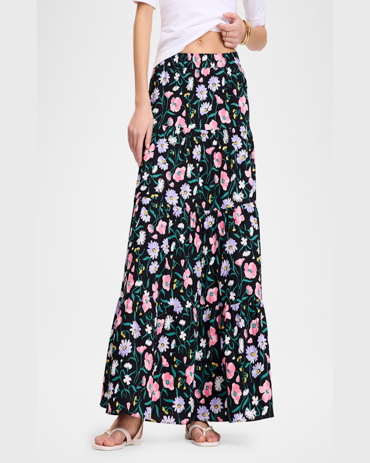 Kate Spade Spring Bouquet Tiered Maxi Skirt In Black
