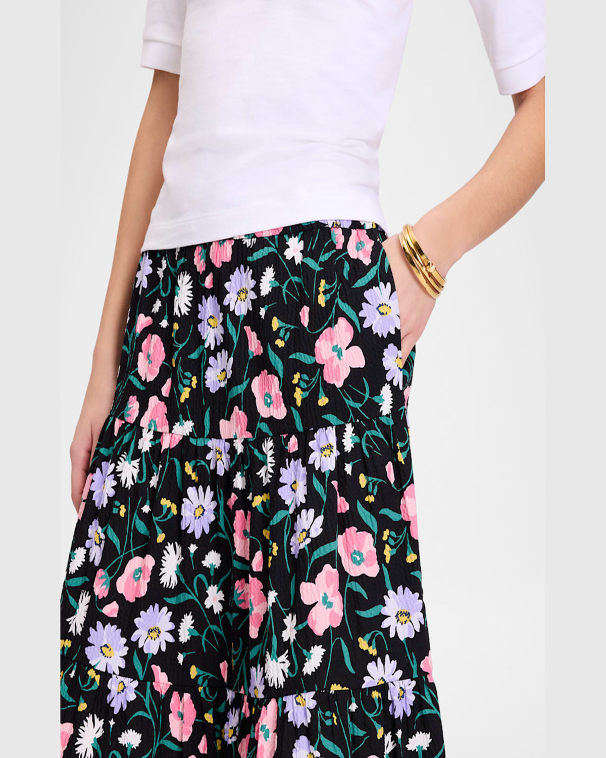 Kate Spade Spring Bouquet Tiered Maxi Skirt In Black