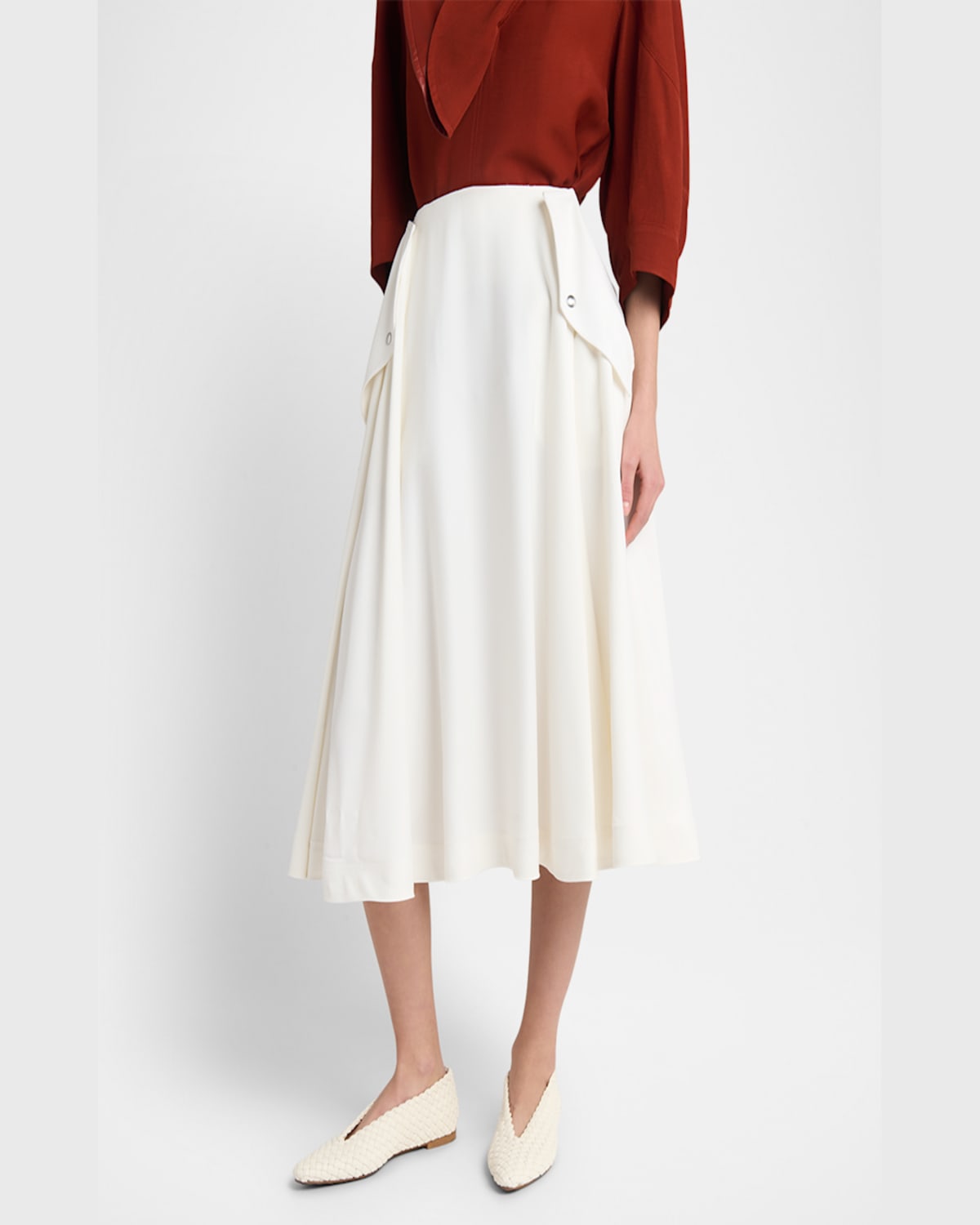 Shop Bottega Veneta Pleated Fluid Viscose Twill Midi Skirt In Bianco