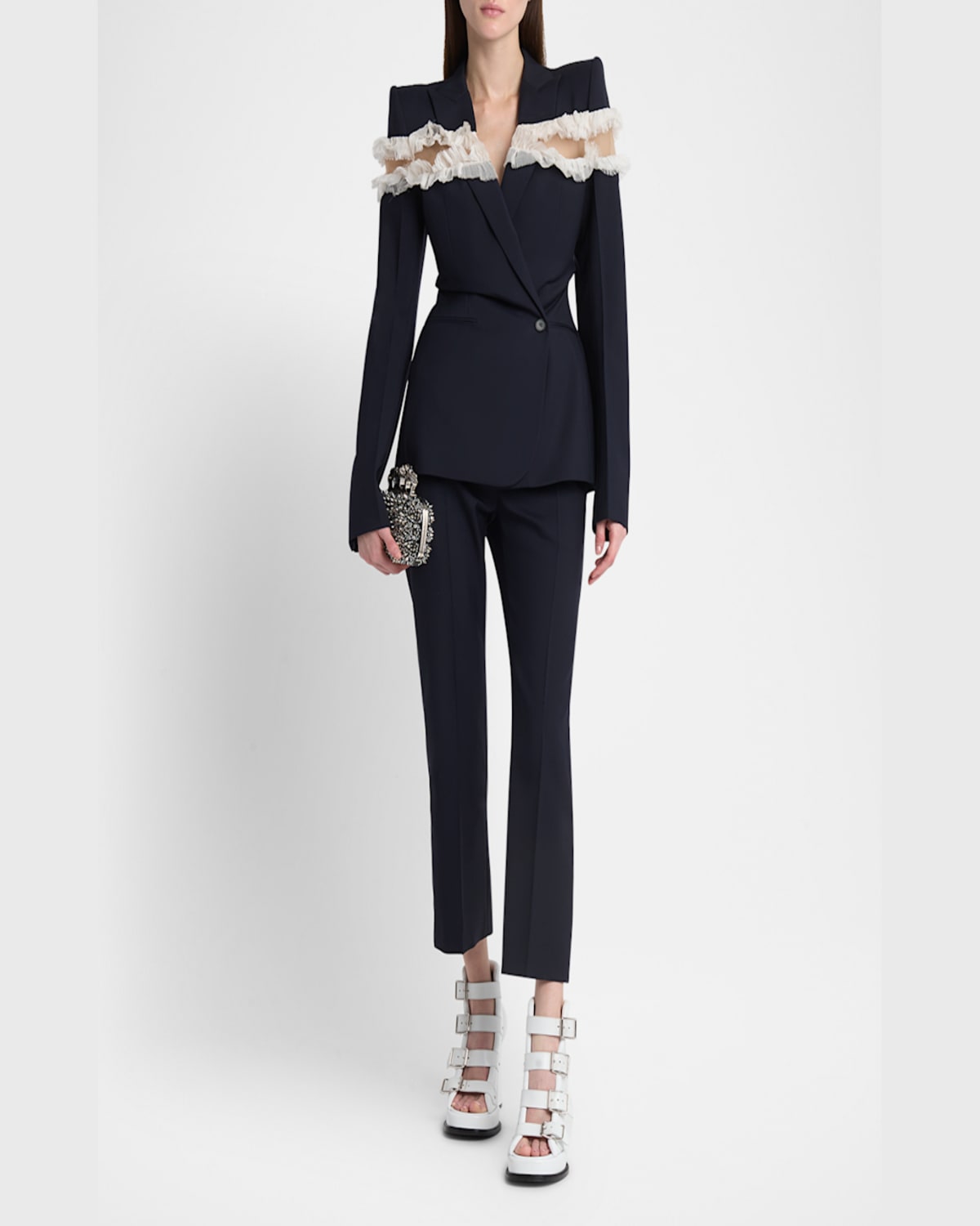 Alexander Mcqueen Black Leaf Crepe Cigarette Trouser In Navy