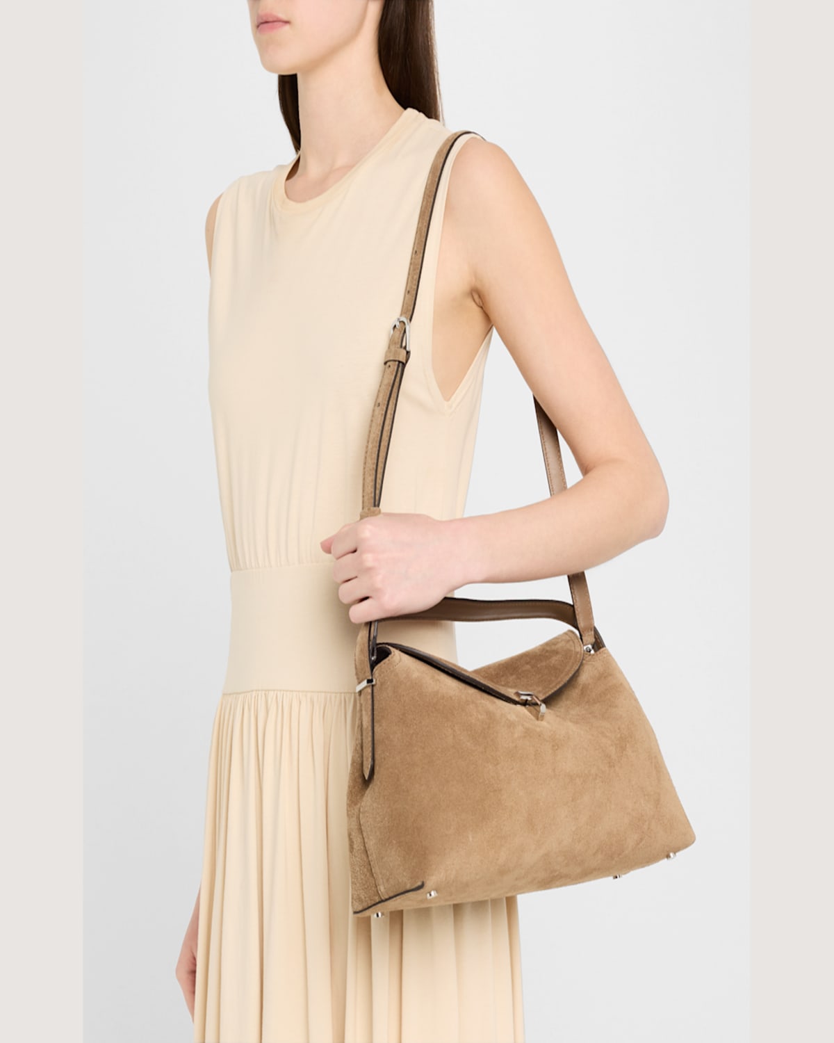 Totême T Lock Suede Top-handle Bag In Tobacco