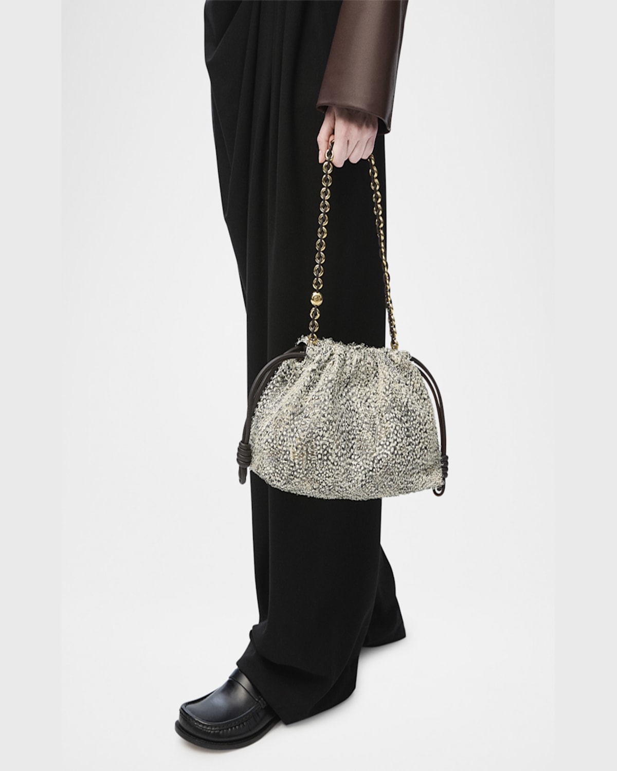 Loewe Flamenco Medium Shoulder Bag In Feathered Leather In Black White