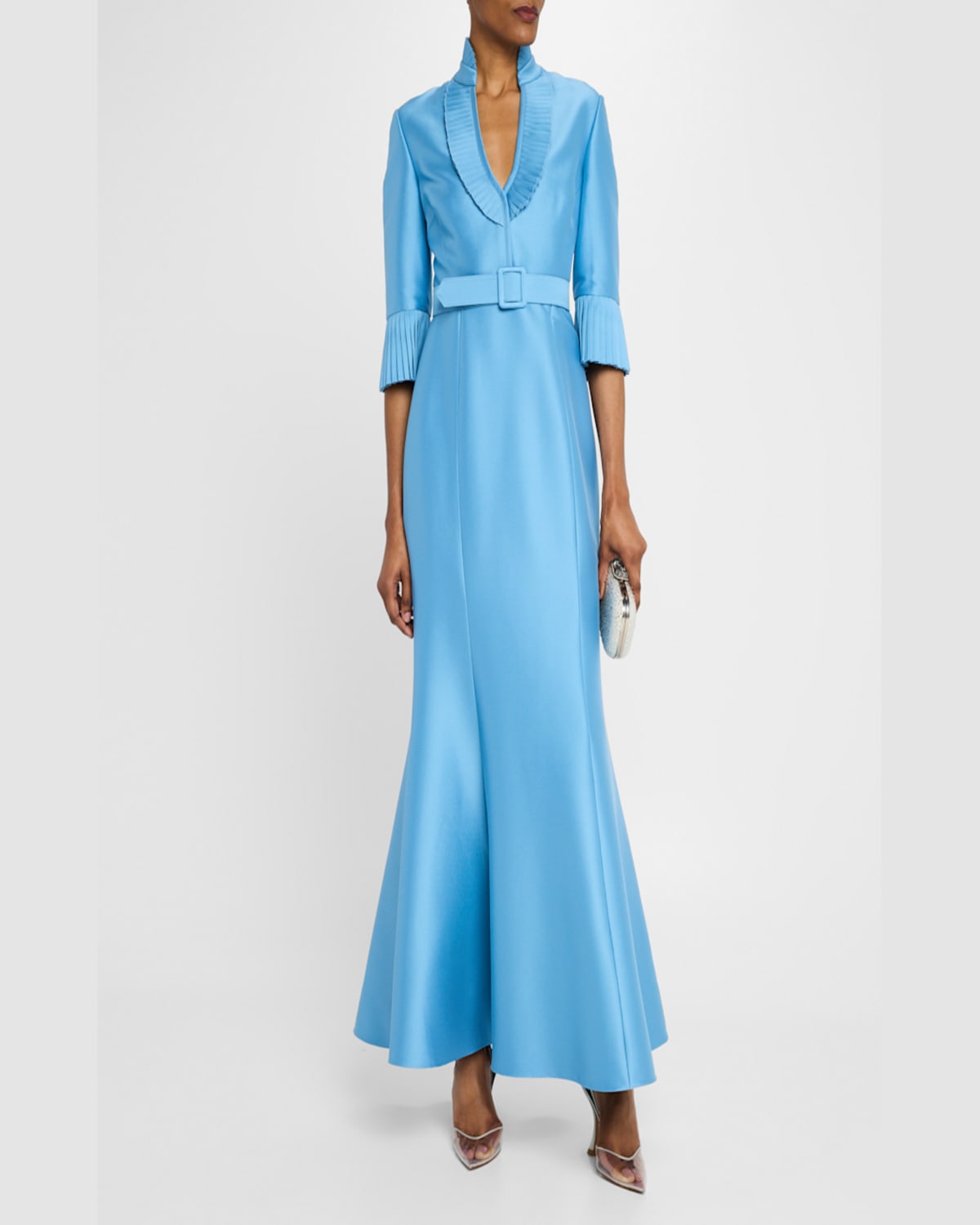 Badgley Mischka Pleated-trim Trumpet Mikado Gown In Azure