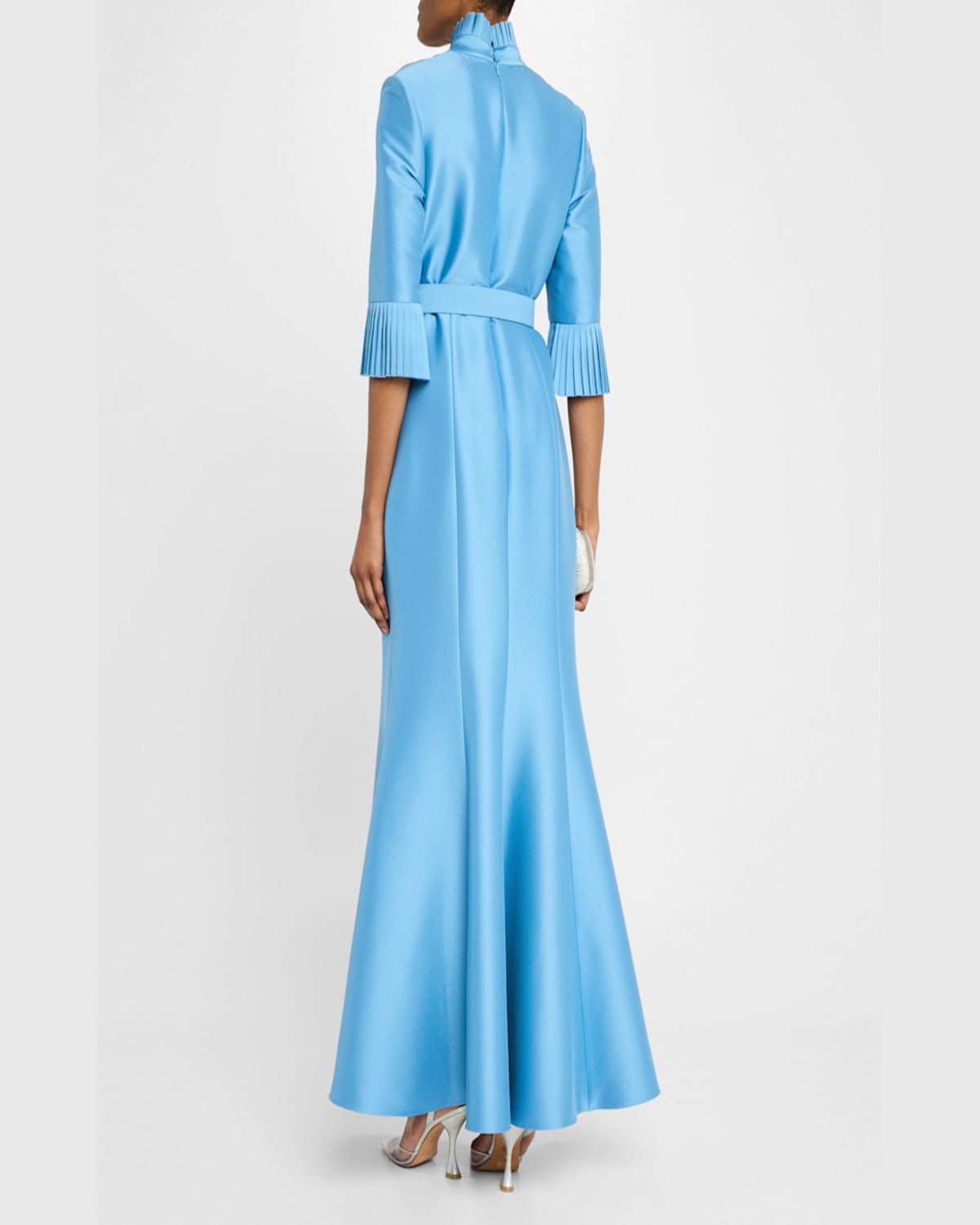 Badgley Mischka Pleated-trim Trumpet Mikado Gown In Azure