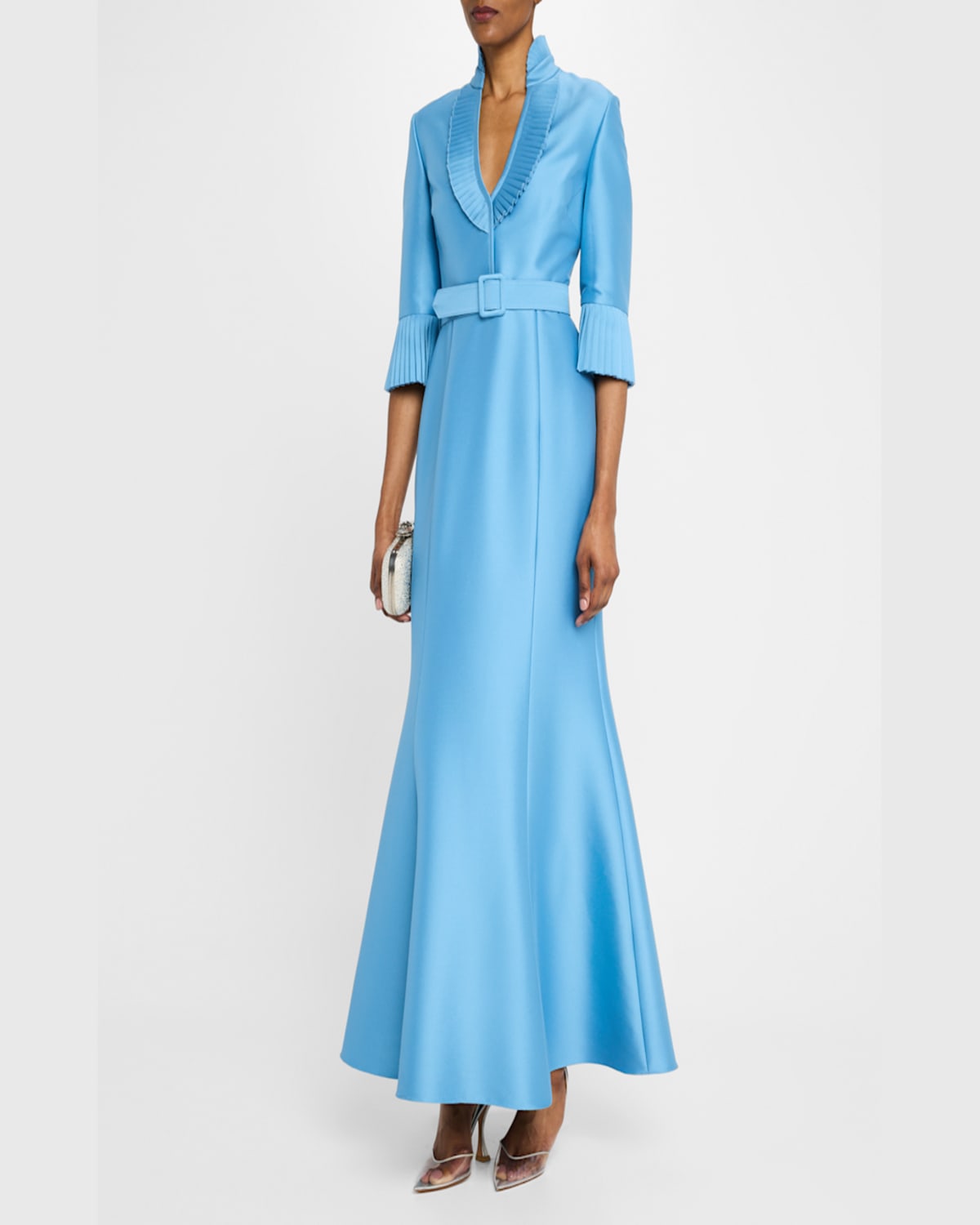 Badgley Mischka Pleated-trim Trumpet Mikado Gown In Azure