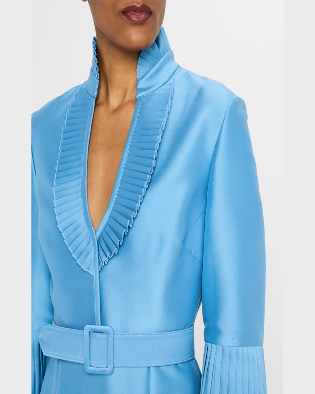 Badgley Mischka Pleated-trim Trumpet Mikado Gown In Azure