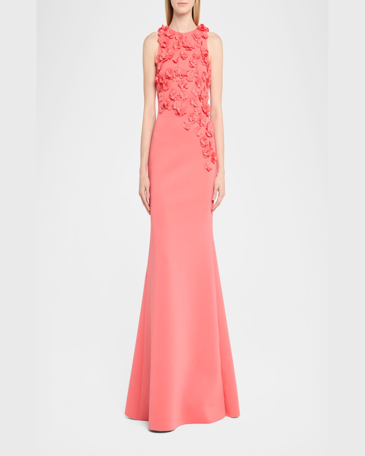 Badgley Mischka 3d Floral Scuba Gown In Coral