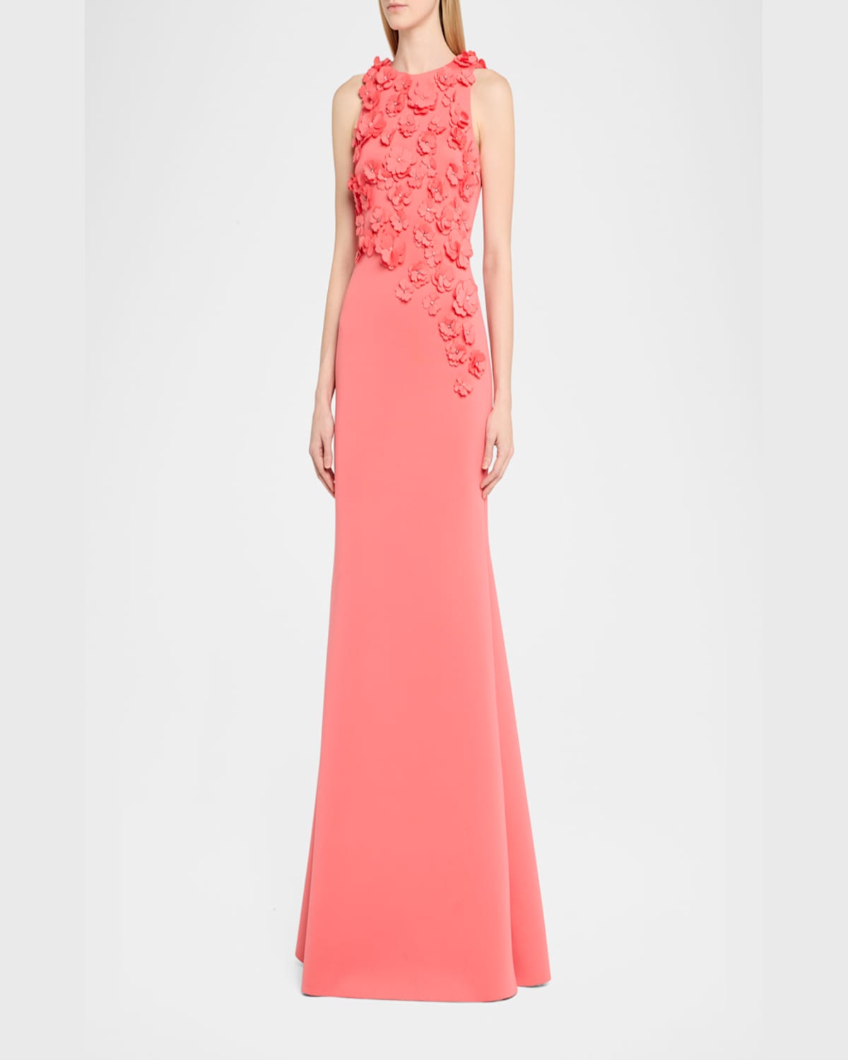 Badgley Mischka 3d Floral Scuba Gown In Coral