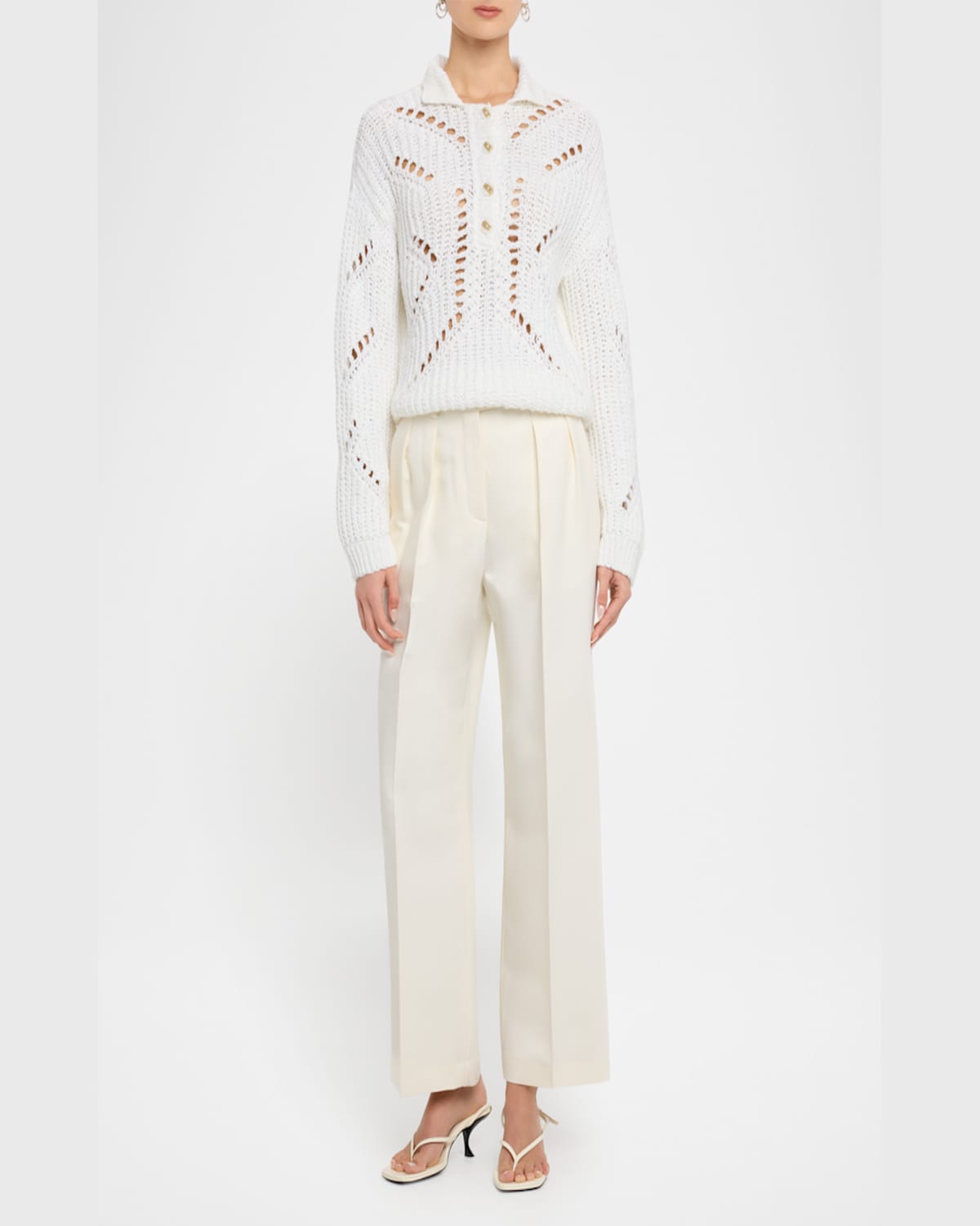 Naadam Ribbed Open-stitch Quarter Button Sweater In White