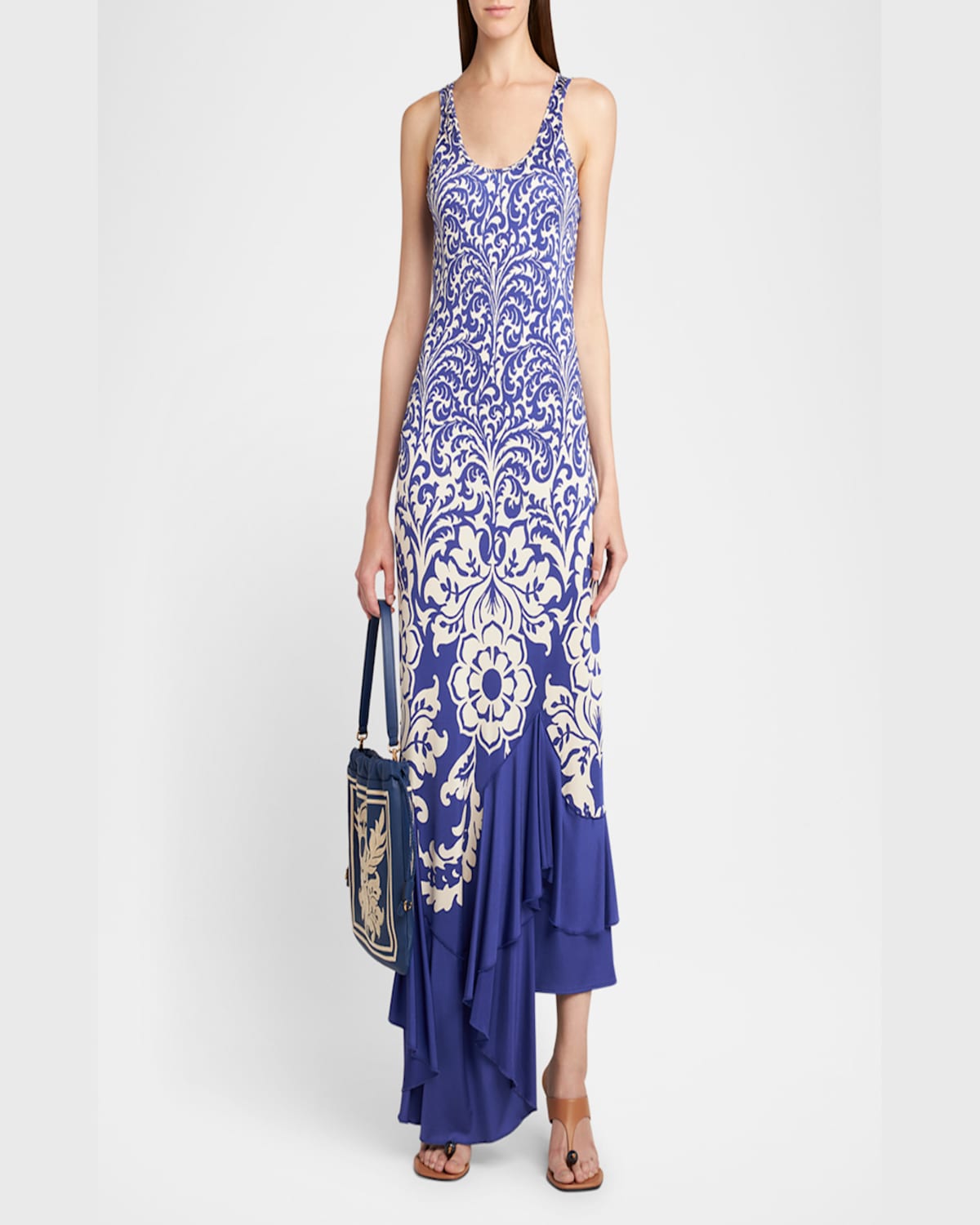 Etro Medallion Paisley Jersey Asymmetric Backless Dress In Blue Print 3