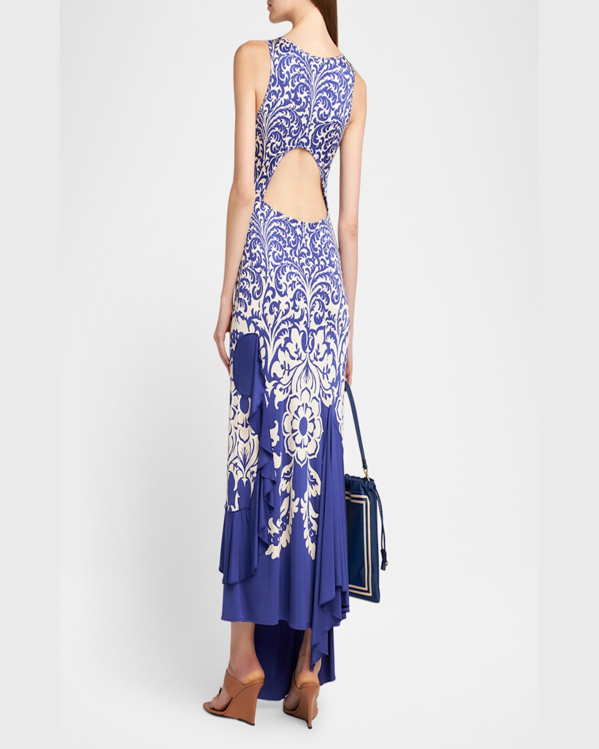 Etro Medallion Paisley Jersey Asymmetric Backless Dress In Blue Print 3