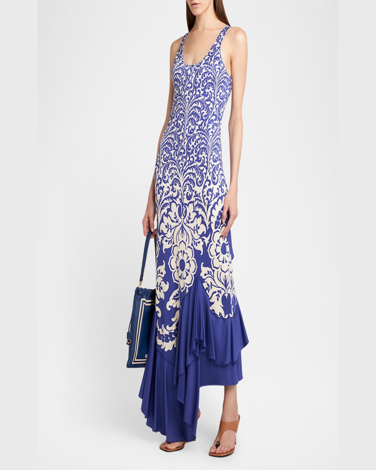 Etro Medallion Paisley Jersey Asymmetric Backless Dress In Blue Print 3