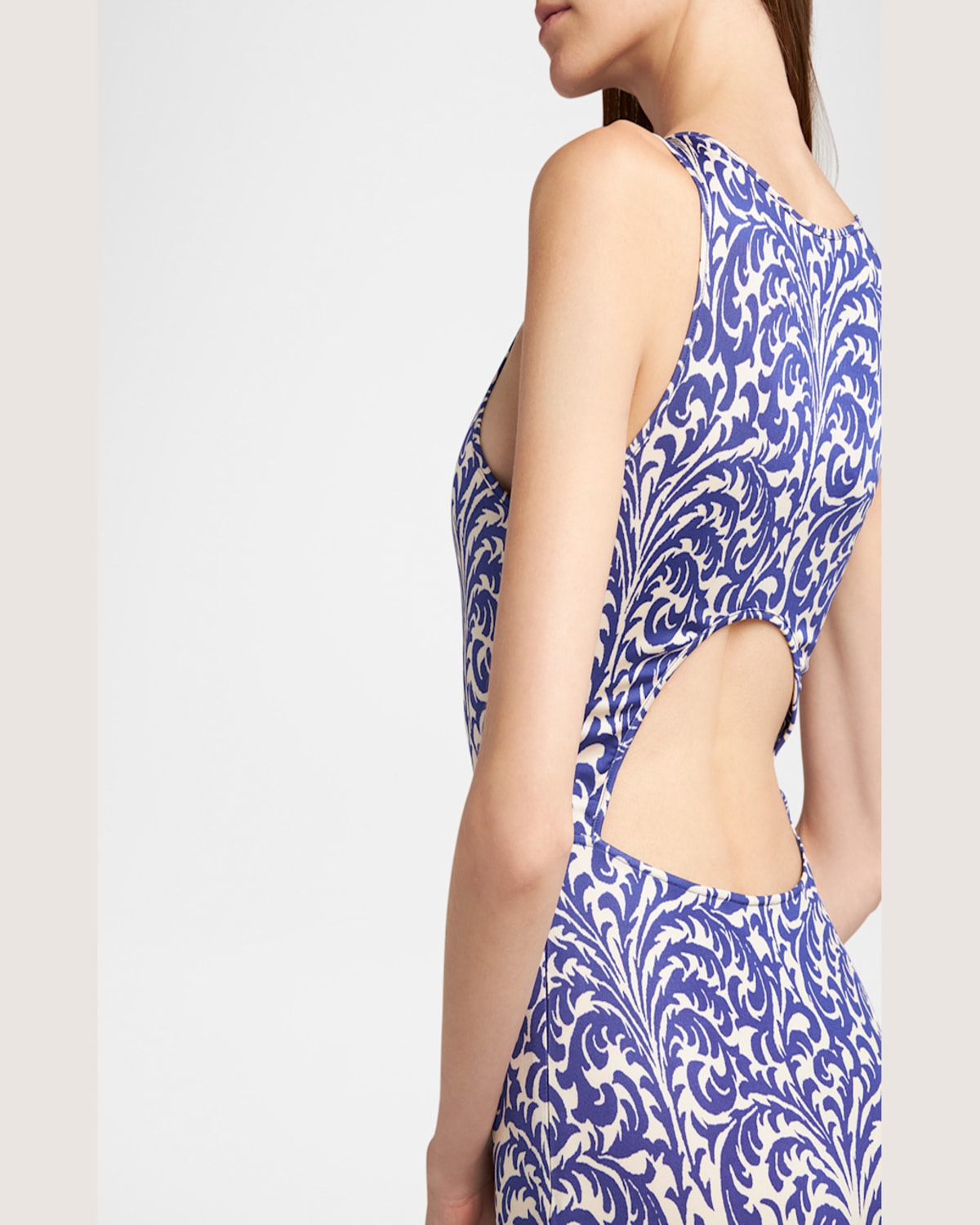 Etro Medallion Paisley Jersey Asymmetric Backless Dress In Blue Print 3