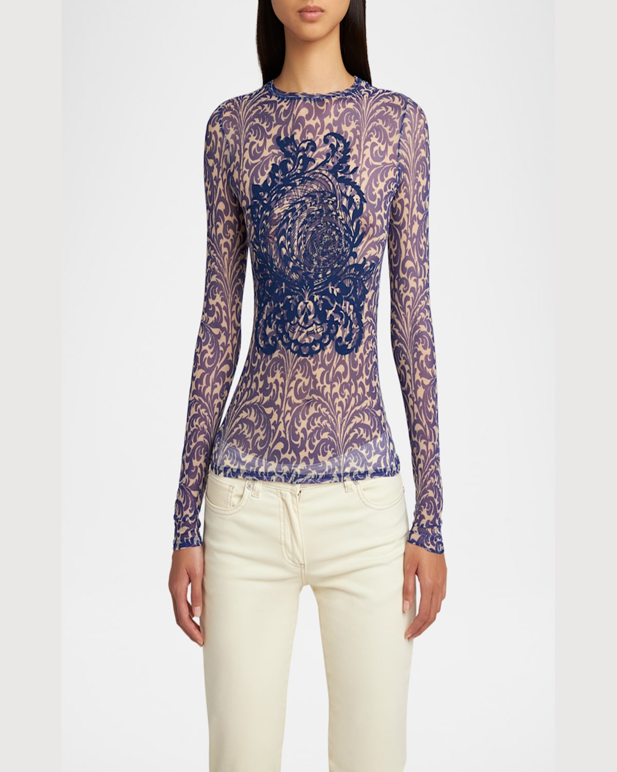 Etro Tulle Palm Tree Flocked Shirt In Print On Blue Base