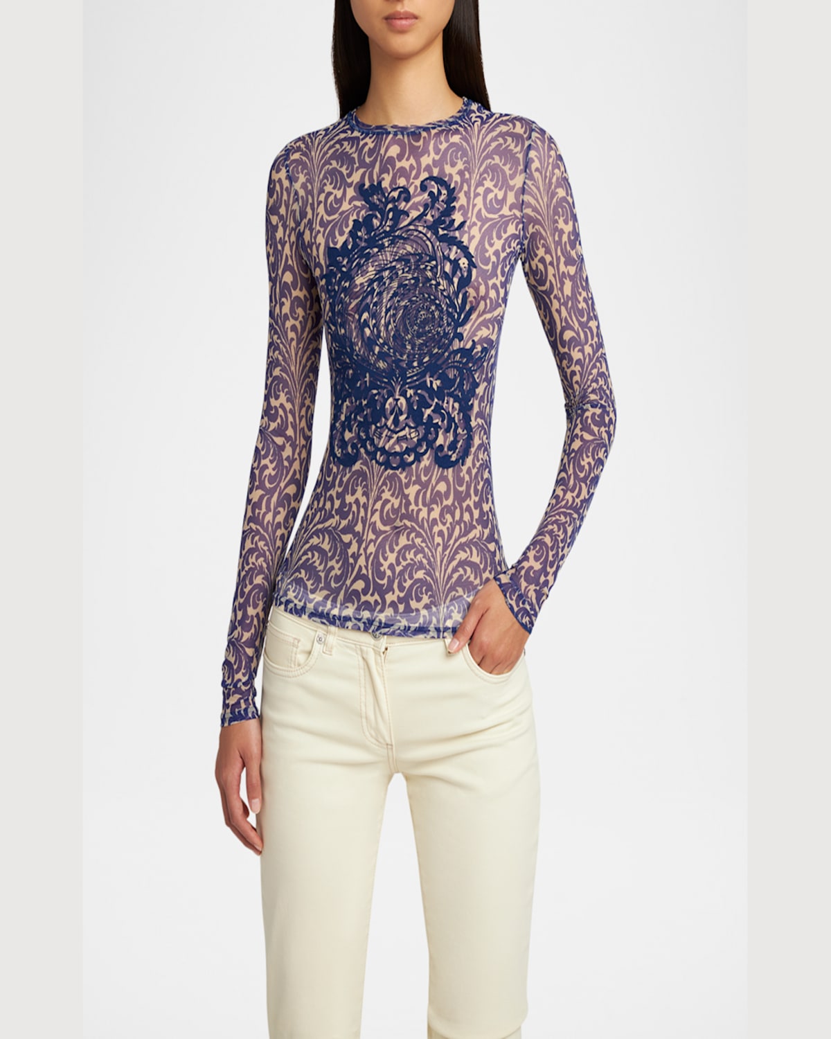 Etro Tulle Palm Tree Flocked Shirt In Print On Blue Base