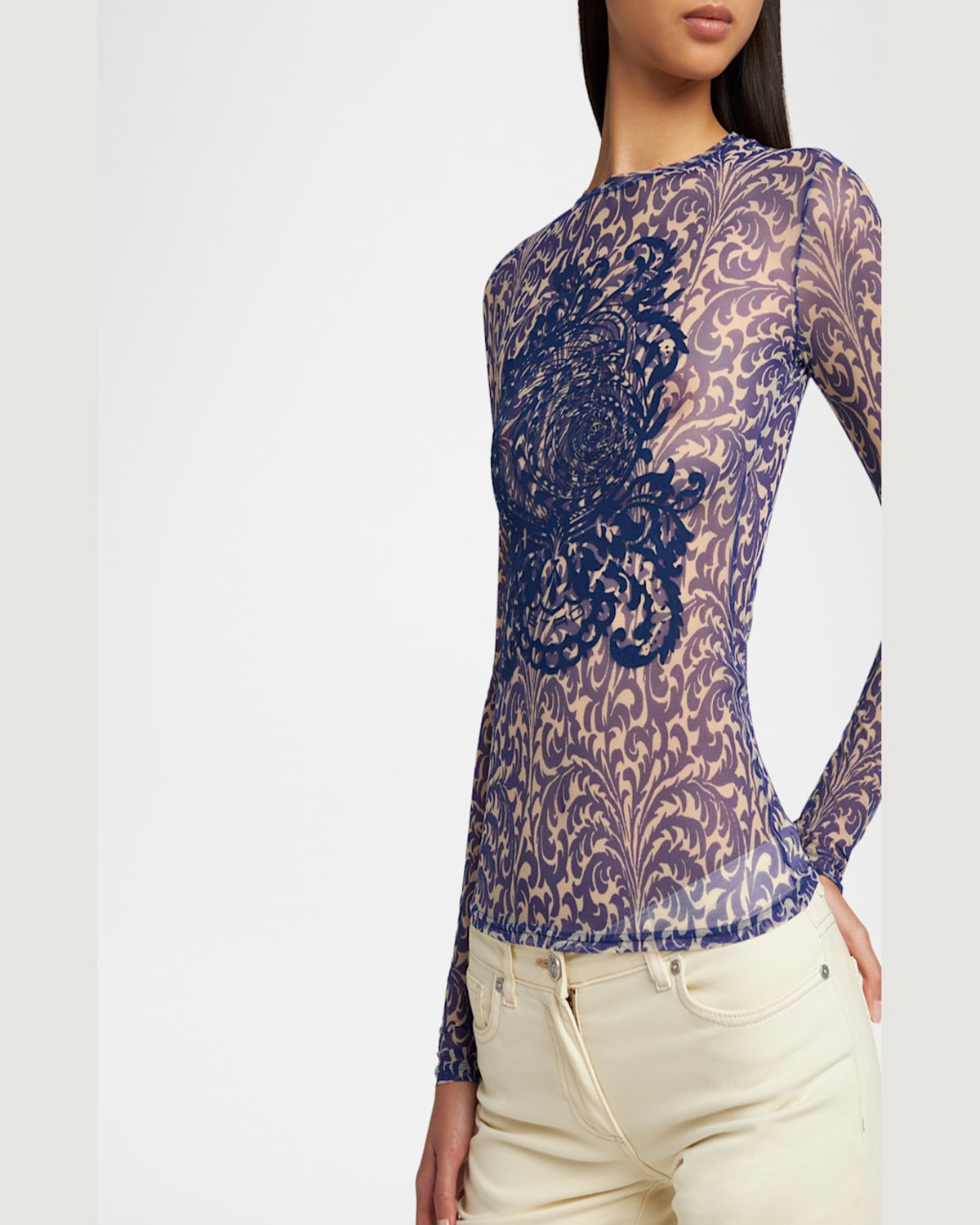 Etro Tulle Palm Tree Flocked Shirt In Print On Blue Base