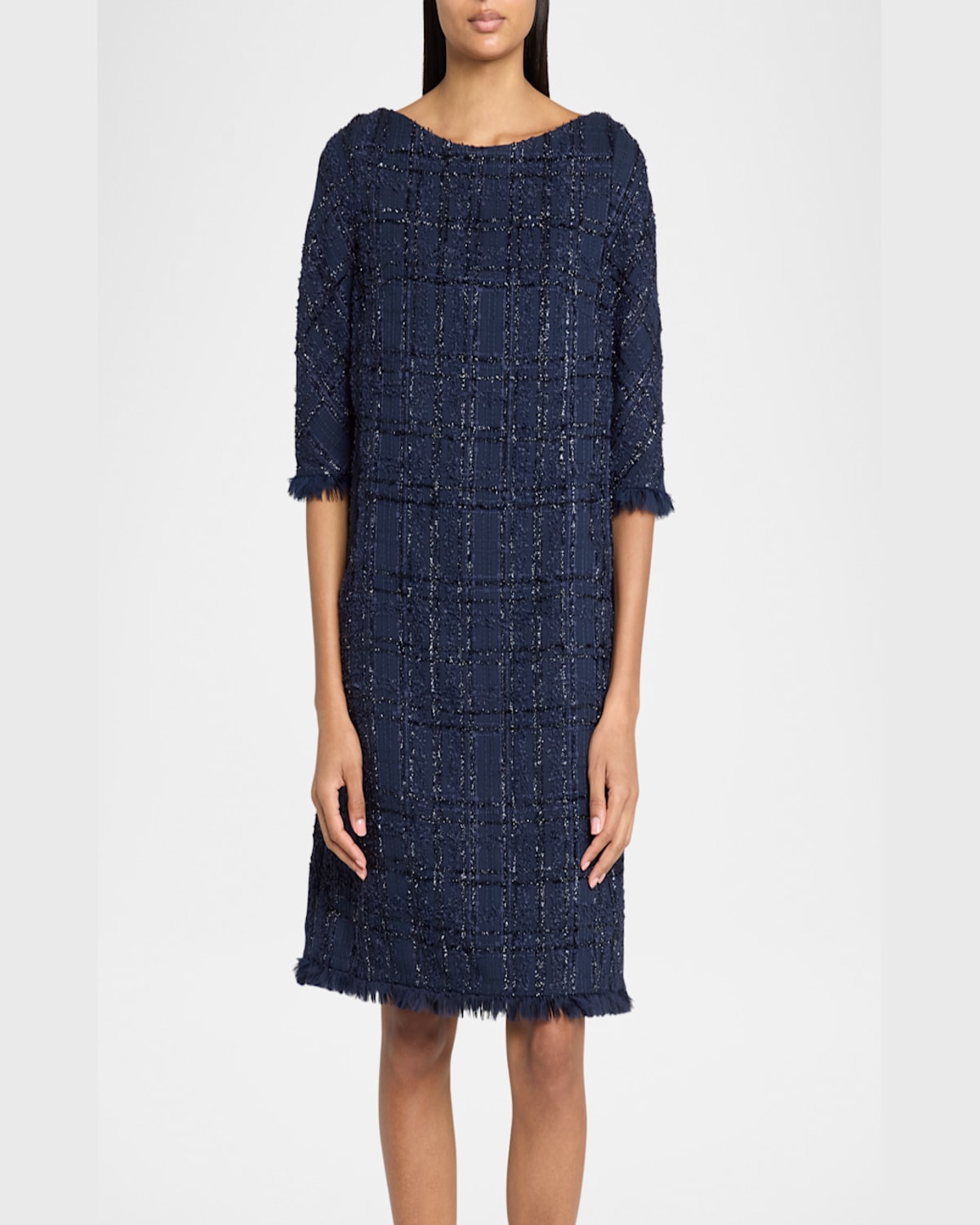 Talbot Runhof Linton Metallic Tweed Shift Dress In Royal Navy