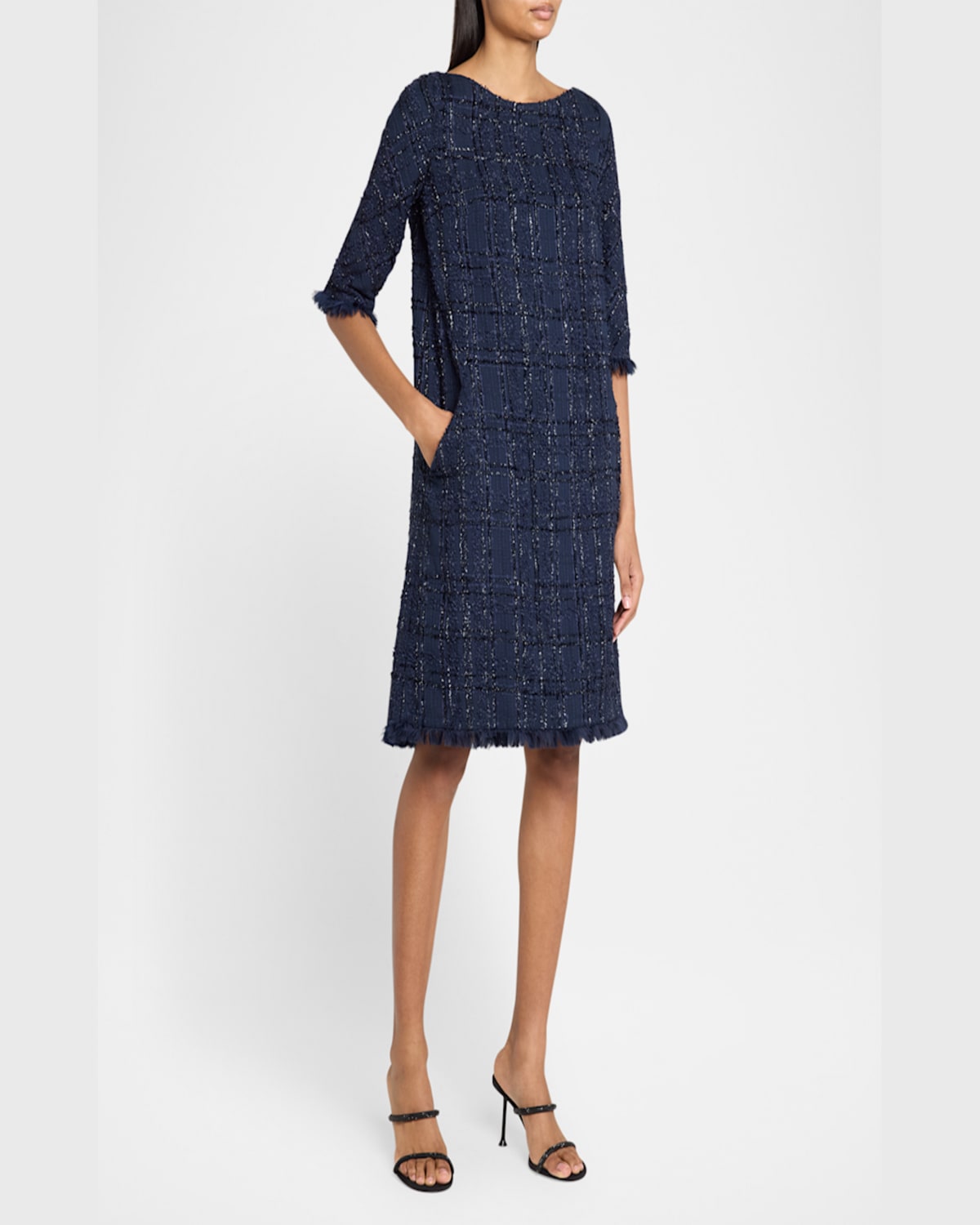 Talbot Runhof Linton Metallic Tweed Shift Dress In Royal Navy