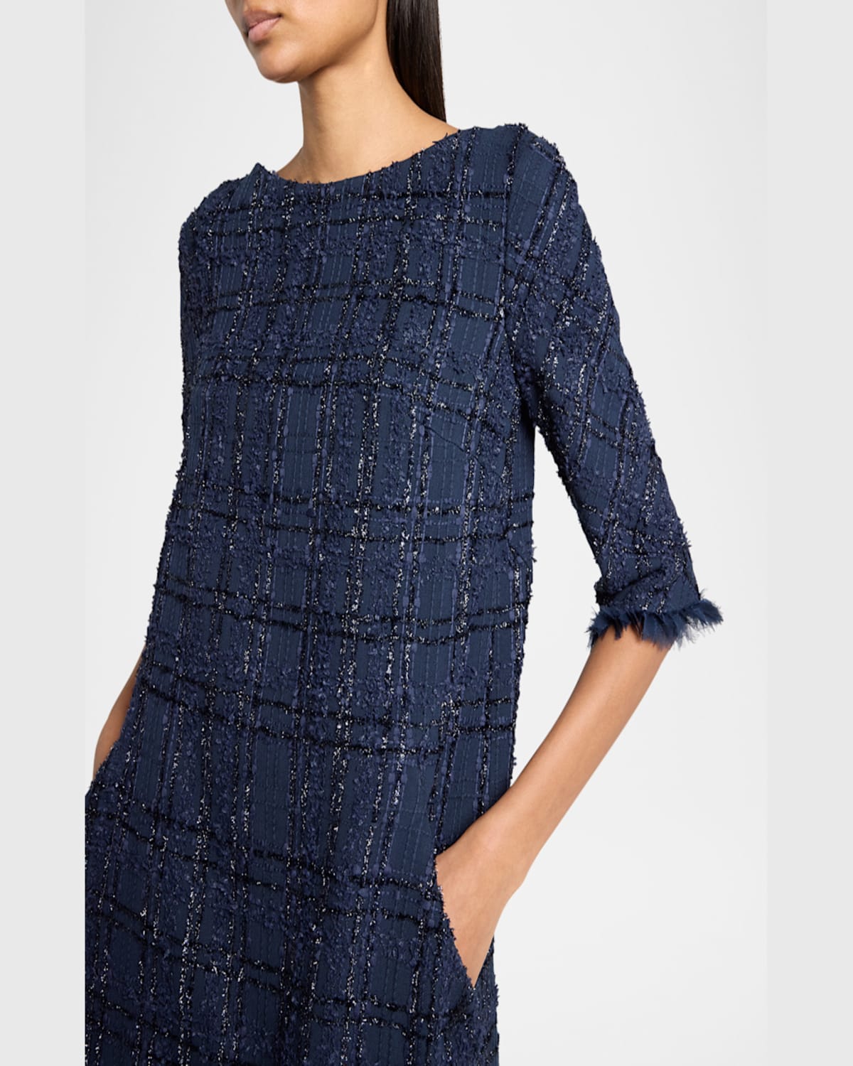 Talbot Runhof Linton Metallic Tweed Shift Dress In Royal Navy