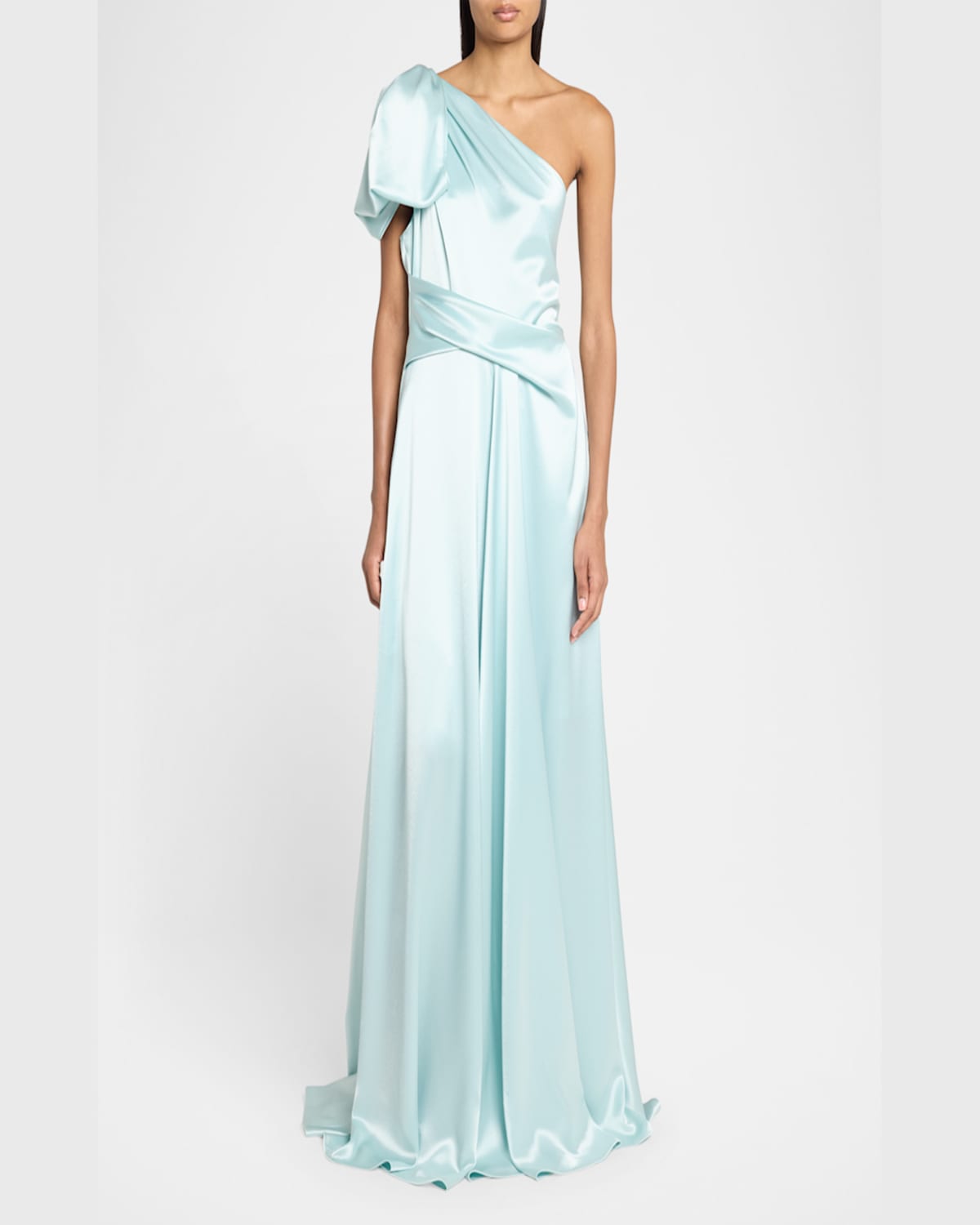 Talbot Runhof Bow One-shoulder Crepe Satin Gown In Azur