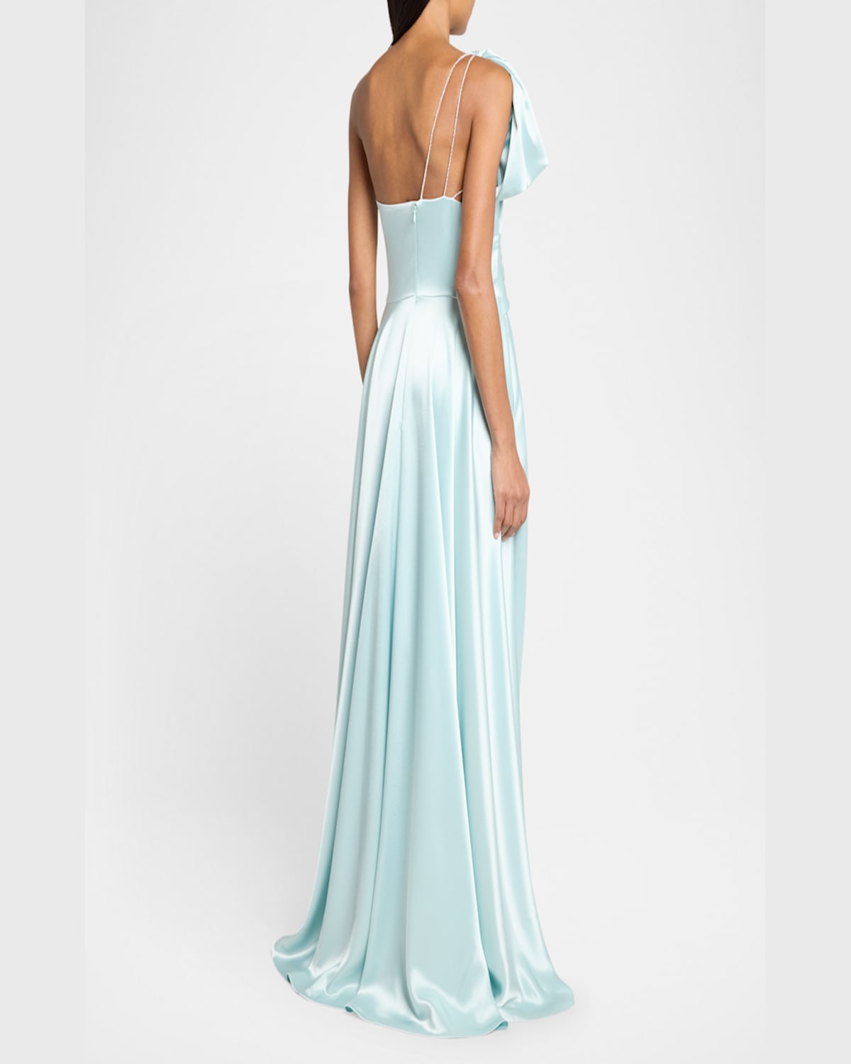 Talbot Runhof Bow One-shoulder Crepe Satin Gown In Azur