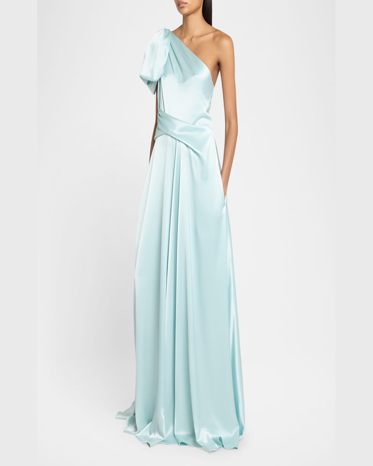 Talbot Runhof Bow One-shoulder Crepe Satin Gown In Azur