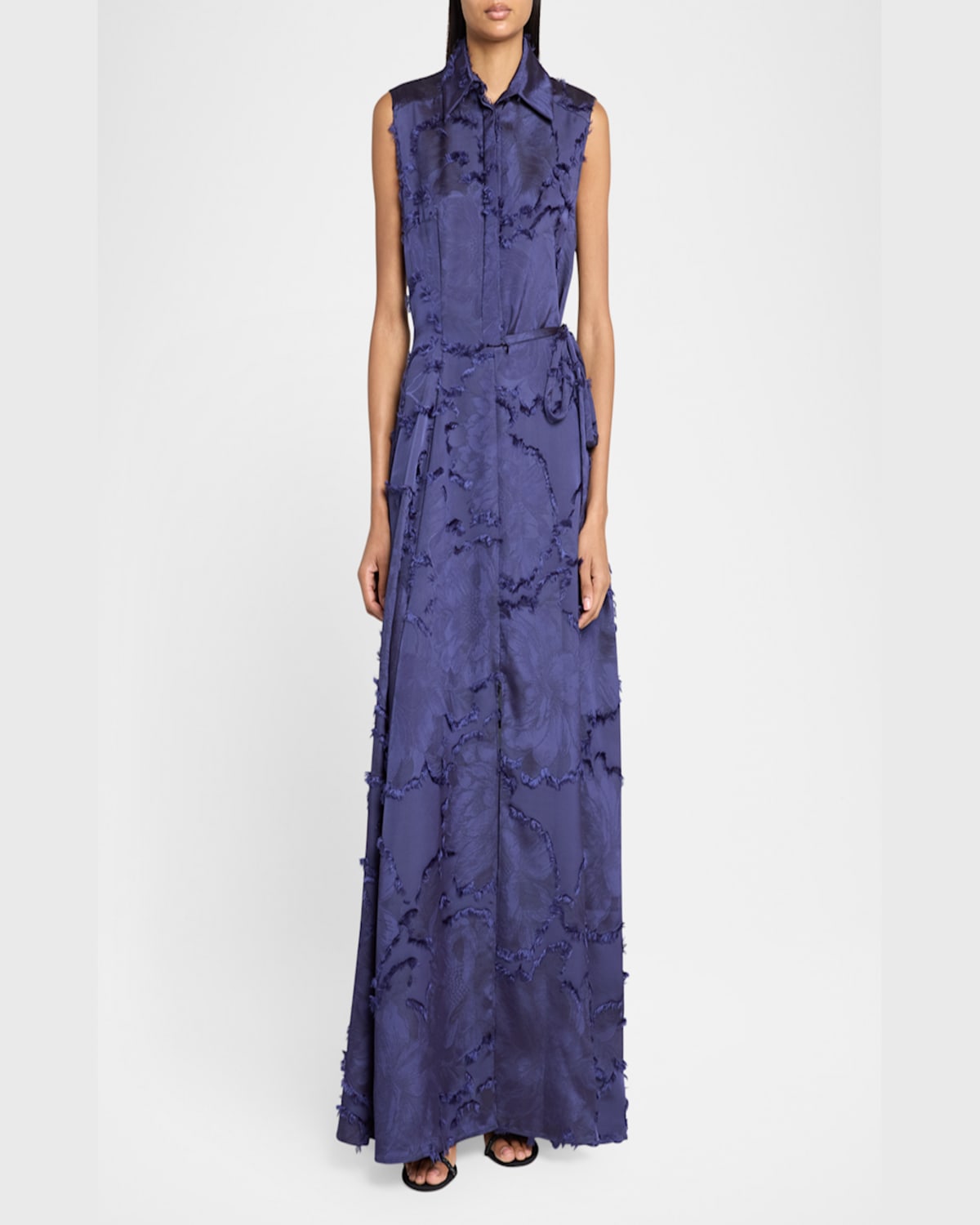 Talbot Runhof Fringed Fil Coupe Satin Sleeveless Collared Gown In Royal Navy