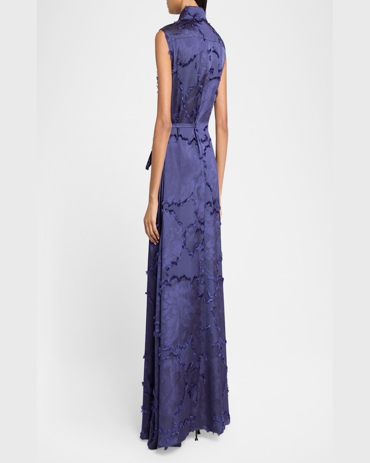 Talbot Runhof Fringed Fil Coupe Satin Sleeveless Collared Gown In Royal Navy