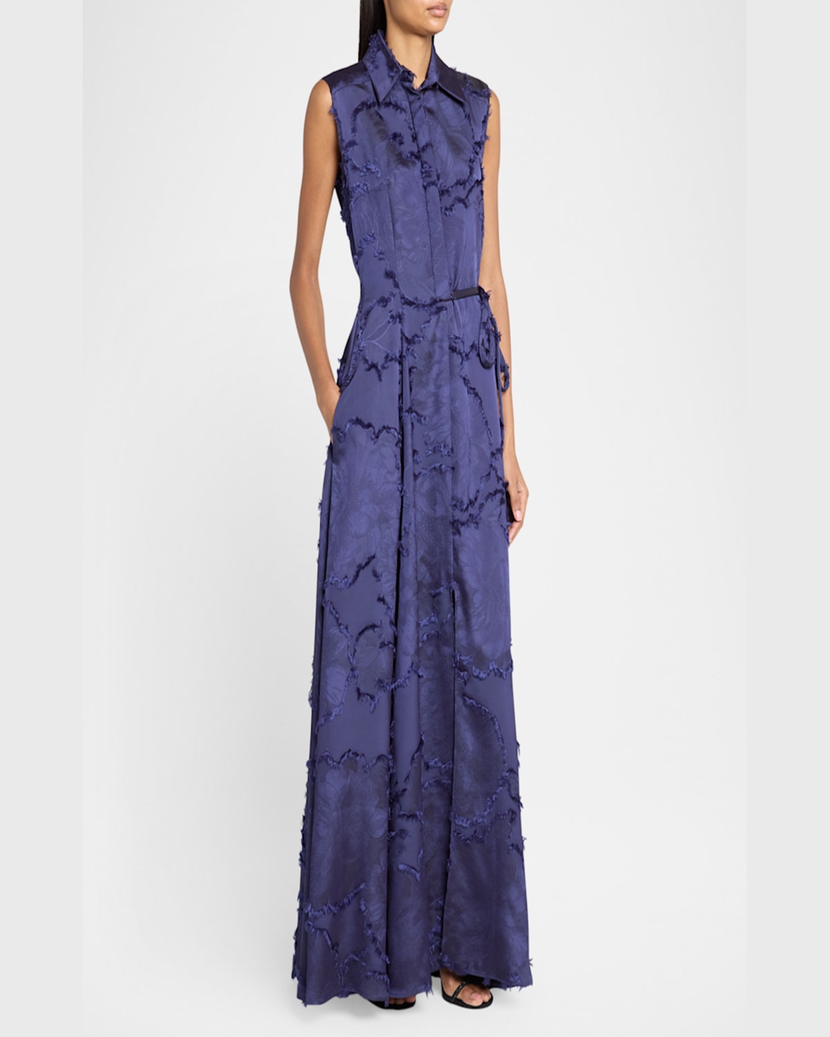 Talbot Runhof Fringed Fil Coupe Satin Sleeveless Collared Gown In Royal Navy