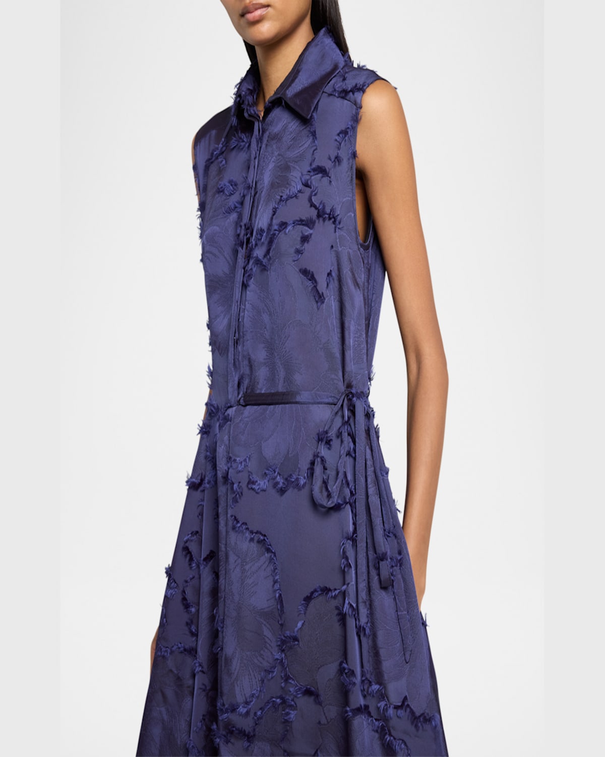 Talbot Runhof Fringed Fil Coupe Satin Sleeveless Collared Gown In Royal Navy