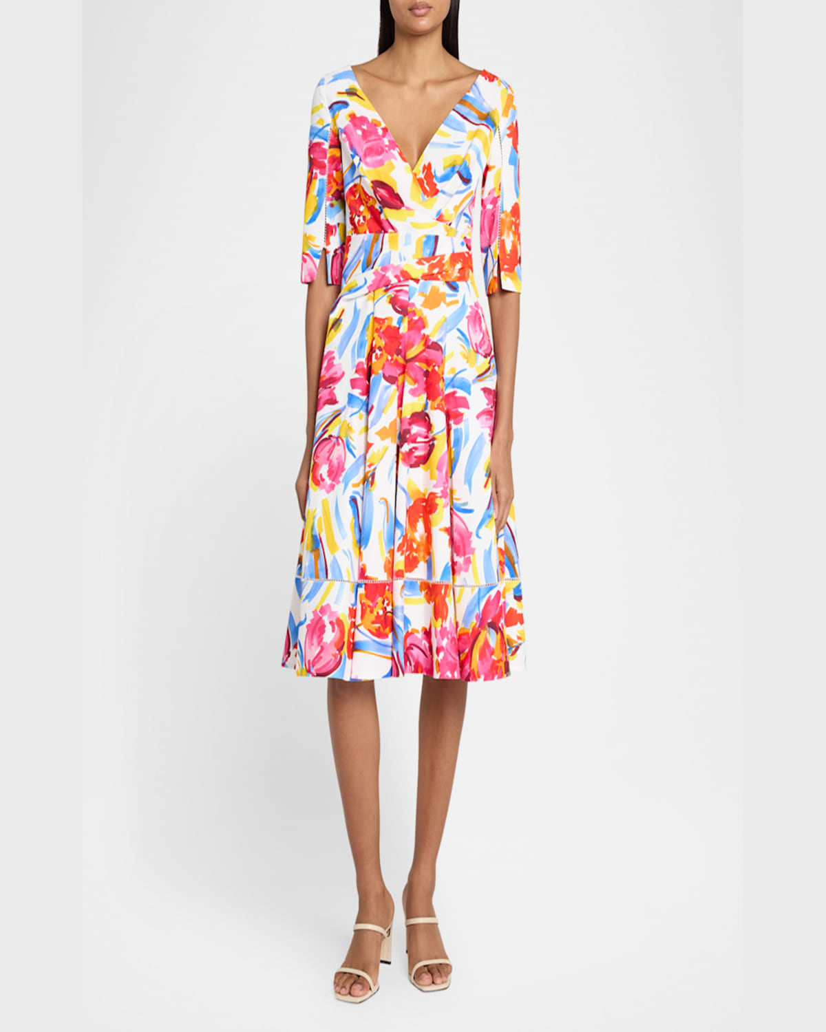 Talbot Runhof Painter Blossoms Pique Draped Dress In Ivory