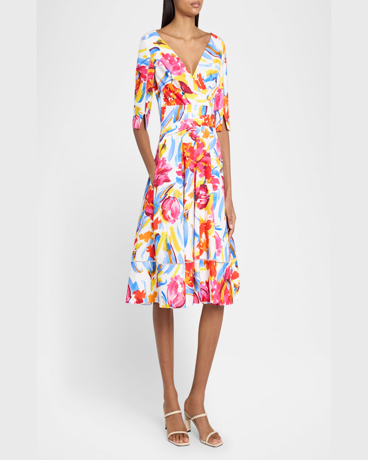 Talbot Runhof Painter Blossoms Pique Draped Dress In Ivory
