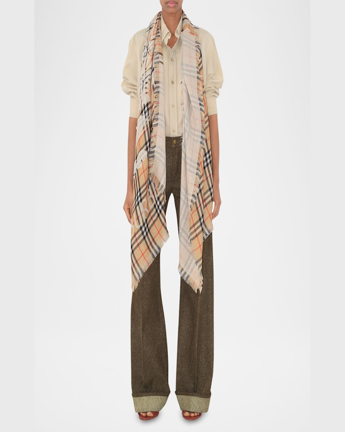 Burberry Rectangular Ekd Check-print Wool Scarf In Sand