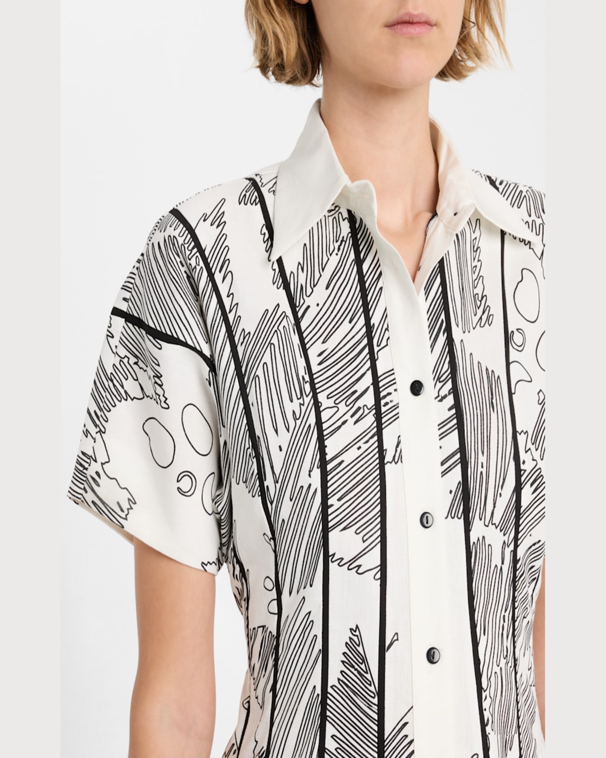 Lovebirds Glen Sketch-print Linen Mini Shirtdress In Ivory Foliage Print