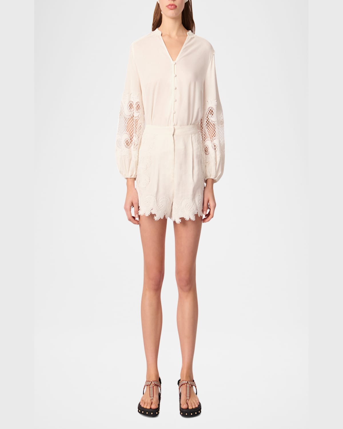 MAJE ITELA EMBROIDERED LINEN-BLEND SHORTS