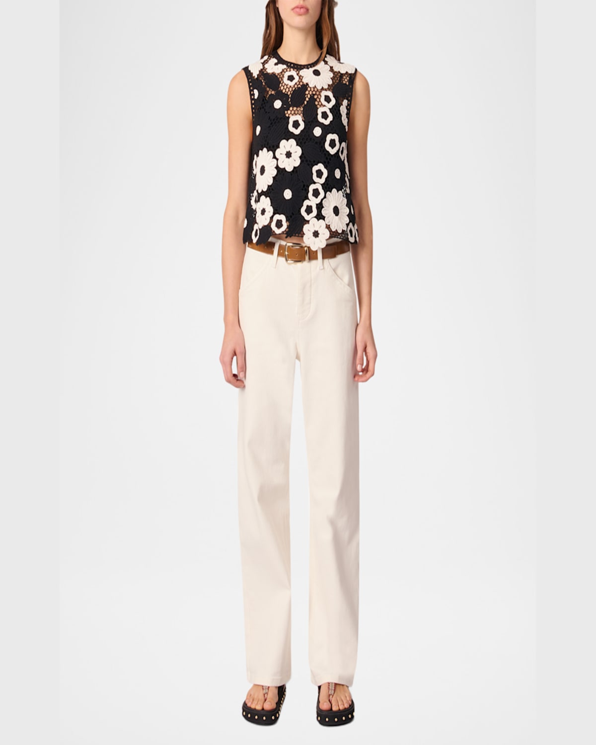Maje Womens Bicolore Floral-pattern Sleeveless Cotton-crochet Top In Black / White