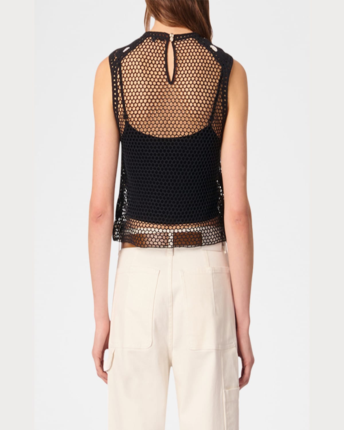 Maje Womens Bicolore Floral-pattern Sleeveless Cotton-crochet Top In Black / White