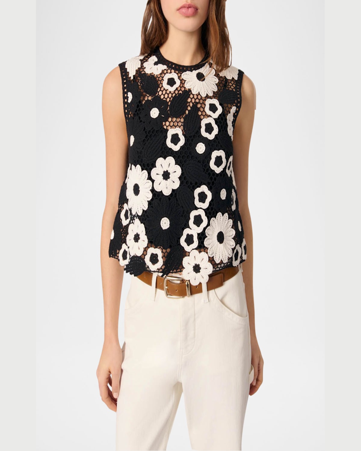 Maje Womens Bicolore Floral-pattern Sleeveless Cotton-crochet Top In Black / White