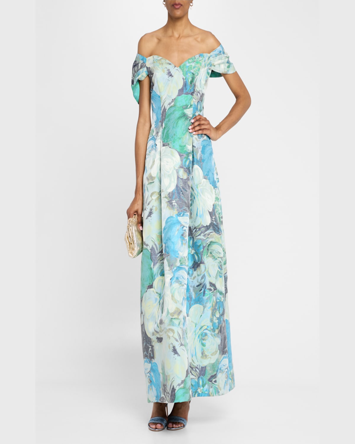 Aidan Mattox Pleated Off-shoulder Floral Jacquard Gown In Blue Multi