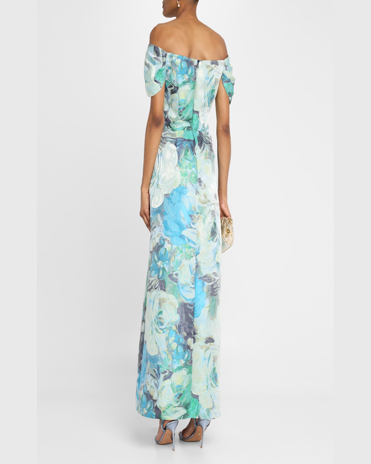 Aidan Mattox Pleated Off-shoulder Floral Jacquard Gown In Blue Multi